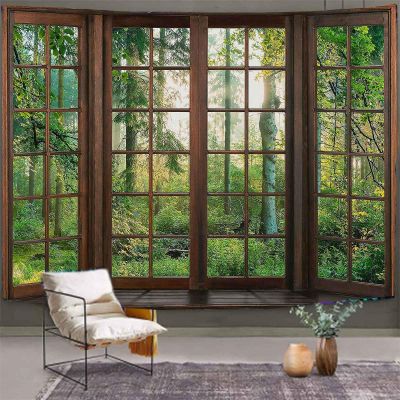 Aidatain Green Forest Natural Tapestry Window Scenery Wall Aesthetic Tapestry for Bedroom Flannel 90" L x 84" W Beach Blanket Living Dinning Room College Dorm Wall Hanging GTDJAT0092