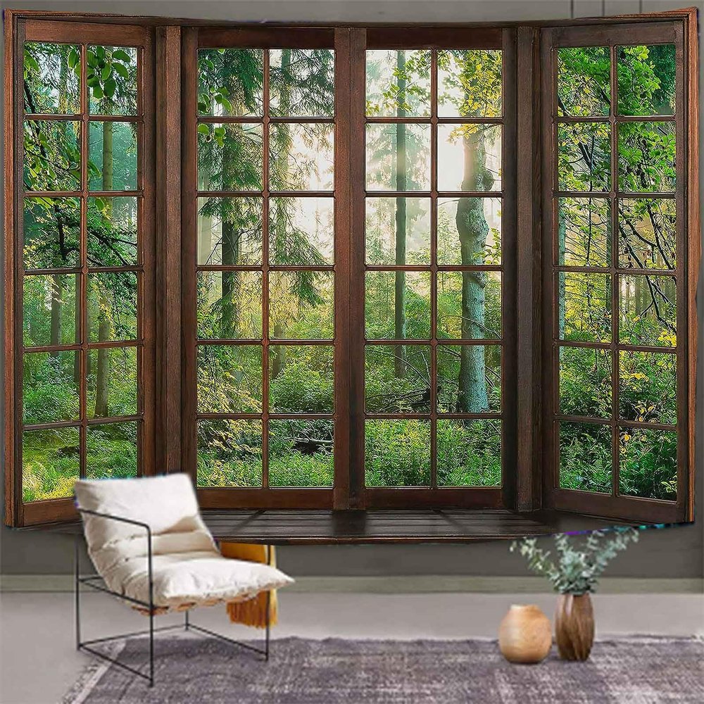 Aidatain Green Forest Natural Tapestry Window Scenery Wall Aesthetic Tapestry for Bedroom Flannel 90" L x 84" W Beach Blanket Living Dinning Room College Dorm Wall Hanging GTDJAT0092