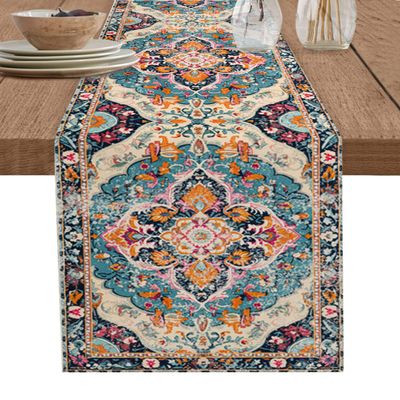 Bohemia Flower Table Runner 60 Inches Long - Kitchen Dining Burlap & Cotton Tablerunner for Small/Round/Square/Wedding/Coffee/Dining Table Party Home Dcor Colorful Vintage Abstract Geometric