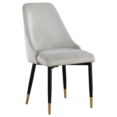 Benzara 24 Inch Dining Chair- Set of 2- Light Gray Velvet- Tall Curved Back- Brass