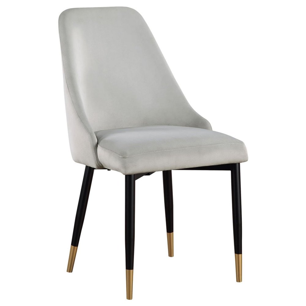 Benzara 24 Inch Dining Chair- Set of 2- Light Gray Velvet- Tall Curved Back- Brass