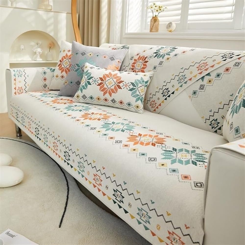Bohemian Style Couch Covers Chenille Fabric Sofa Slipcovers Four Seasons Universal Sectional Sofa Case Anti-scratch Wear-resistant Sofa Towel Blanket Furniture Protectors ( Color : White , Size : 70*2