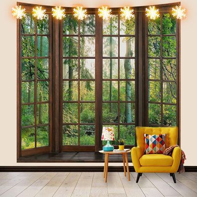 Aidatain Green Forest Natural Tapestry Window Scenery Wall Aesthetic Tapestry for Bedroom Flannel 60" L x 60" W Beach Blanket Living Dinning Room College Dorm Wall Hanging GTDJAT0090