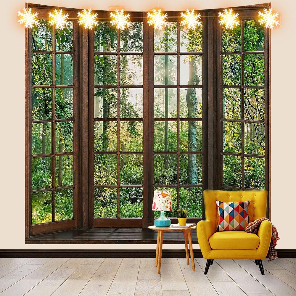 Aidatain Green Forest Natural Tapestry Window Scenery Wall Aesthetic Tapestry for Bedroom Flannel 60" L x 60" W Beach Blanket Living Dinning Room College Dorm Wall Hanging GTDJAT0090