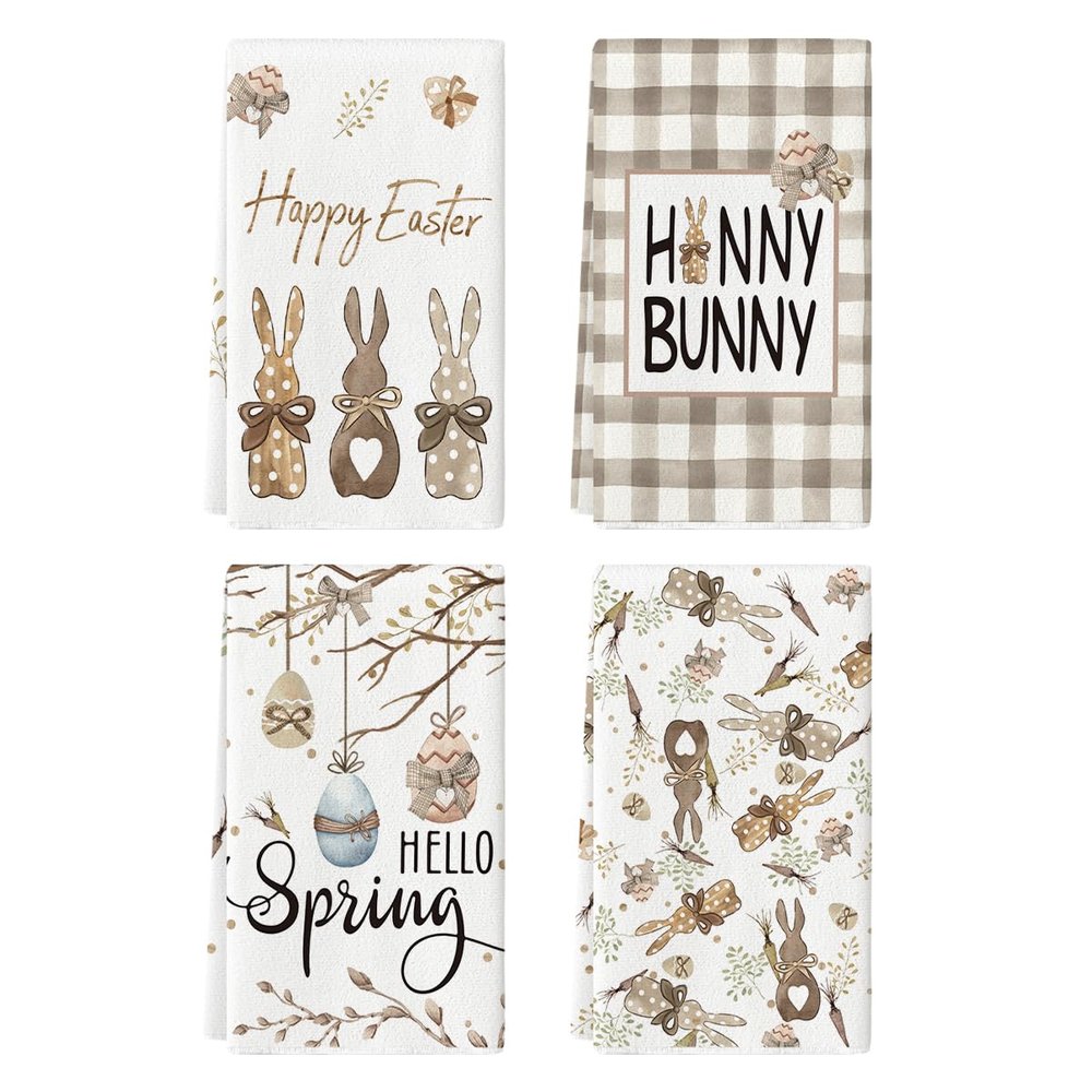 Artoid Mode Bunny Rabbits Eggs Happy Easter Kitchen Towels Dish Towels, 18x26 Inch Seasonal Hello Spring Decoration Hand Towels Set of 4