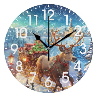 ALAZA Home Decor Merry Christmas Castle Reindeer Winter Xmas Round Acrylic 9.84 Inch Wall Clock Non Ticking Silent Clock Art for Living Room Kitchen Bedroom