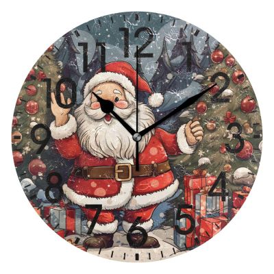 ALAZA Home Decor Santa Claus Christmas Tree Ball Round Acrylic 9.84 Inch Wall Clock Non Ticking Silent Clock Art for Living Room Kitchen Bedroom