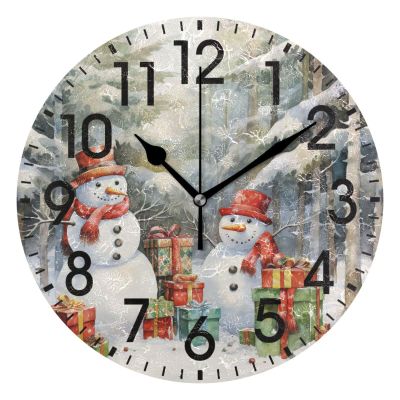 ALAZA Home Decor Oil Painting Merry Christmas Snowman Round Acrylic 9.84 Inch Wall Clock Non Ticking Silent Clock Art for Living Room Kitchen Bedroom