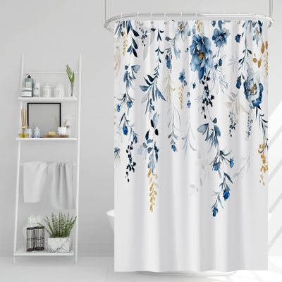 AWERT Blue Plants Shower Curtain with Hooks Watercolor Leaves Shower Curtain for Bathroom Waterproof Bathroom Accessories Bathtub Decor 48x72inch