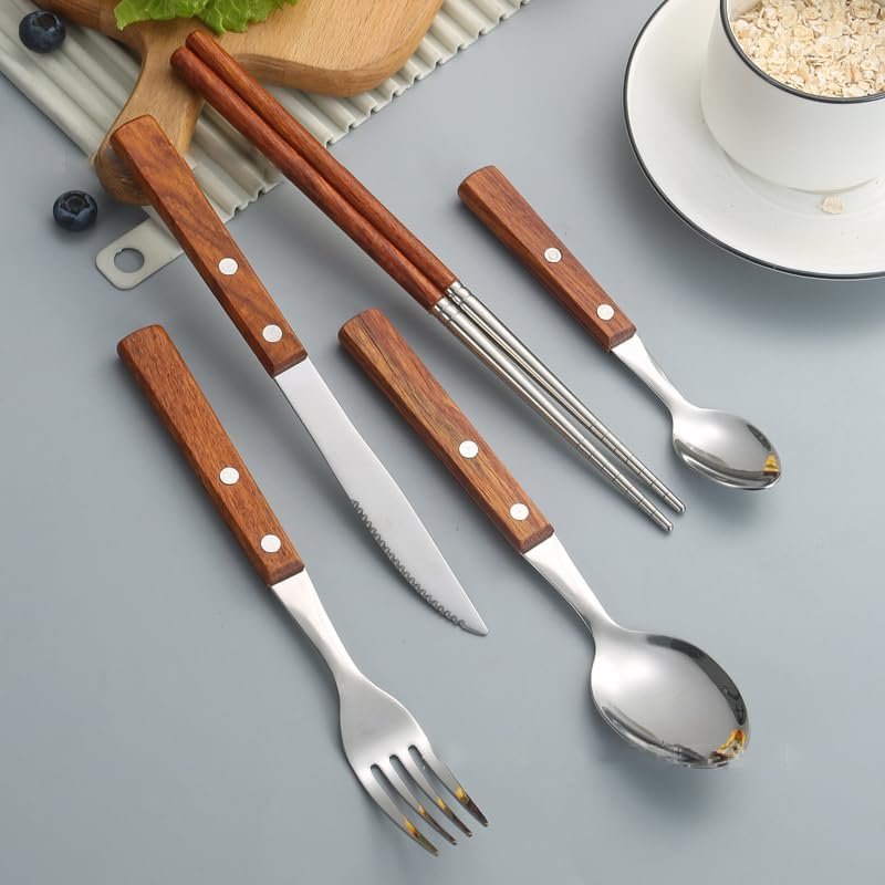 70-Piece Wood Handle Silverware Set Stainless Steel 18/8 Flatware Set for 14 Utensil Sets Spoons And Forks Set Cutlery Set includes Chopsticks Forks Spoons Tablespoon Dinner Knives Durable Restaurant