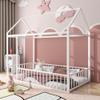 Bellemave Twin Size Montessori Floor Bed, Metal House Bed Framefor Kids, Montessori Floor Beds with Fence, Playhouse for Kids,White view 1