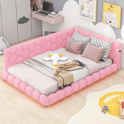 RUNNA Modern Upholstered Full Size Platform Bed with USB Ports and LED Lighting,Teddy Fabric,Wooden Daybed/Sofa Bed/Low Floor Bed Frame with Backrests for Boys Girls Teens Adults (Pink-Teddy#F)