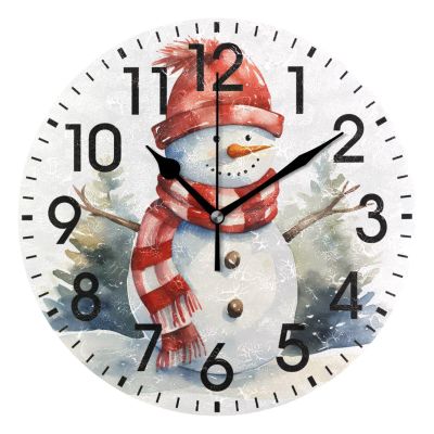 ALAZA Home Decor Merry Christmas Retro Snowman Pine Tree Round Acrylic 9.84 Inch Wall Clock Non Ticking Silent Clock Art for Living Room Kitchen Bedroom