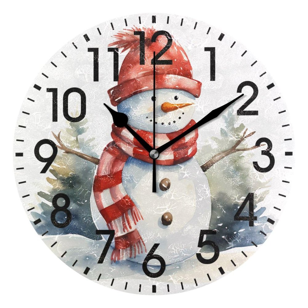 ALAZA Home Decor Merry Christmas Retro Snowman Pine Tree Round Acrylic 9.84 Inch Wall Clock Non Ticking Silent Clock Art for Living Room Kitchen Bedroom