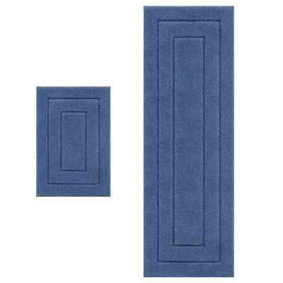 Buganda Microfiber Bathroom Rugs, Bath Rug Size 24 x 16 and 59 x 20 in Navy, 2 Item Bundle