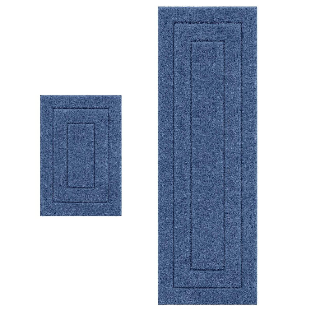 Buganda Microfiber Bathroom Rugs, Bath Rug Size 24 x 16 and 59 x 20 in Navy, 2 Item Bundle