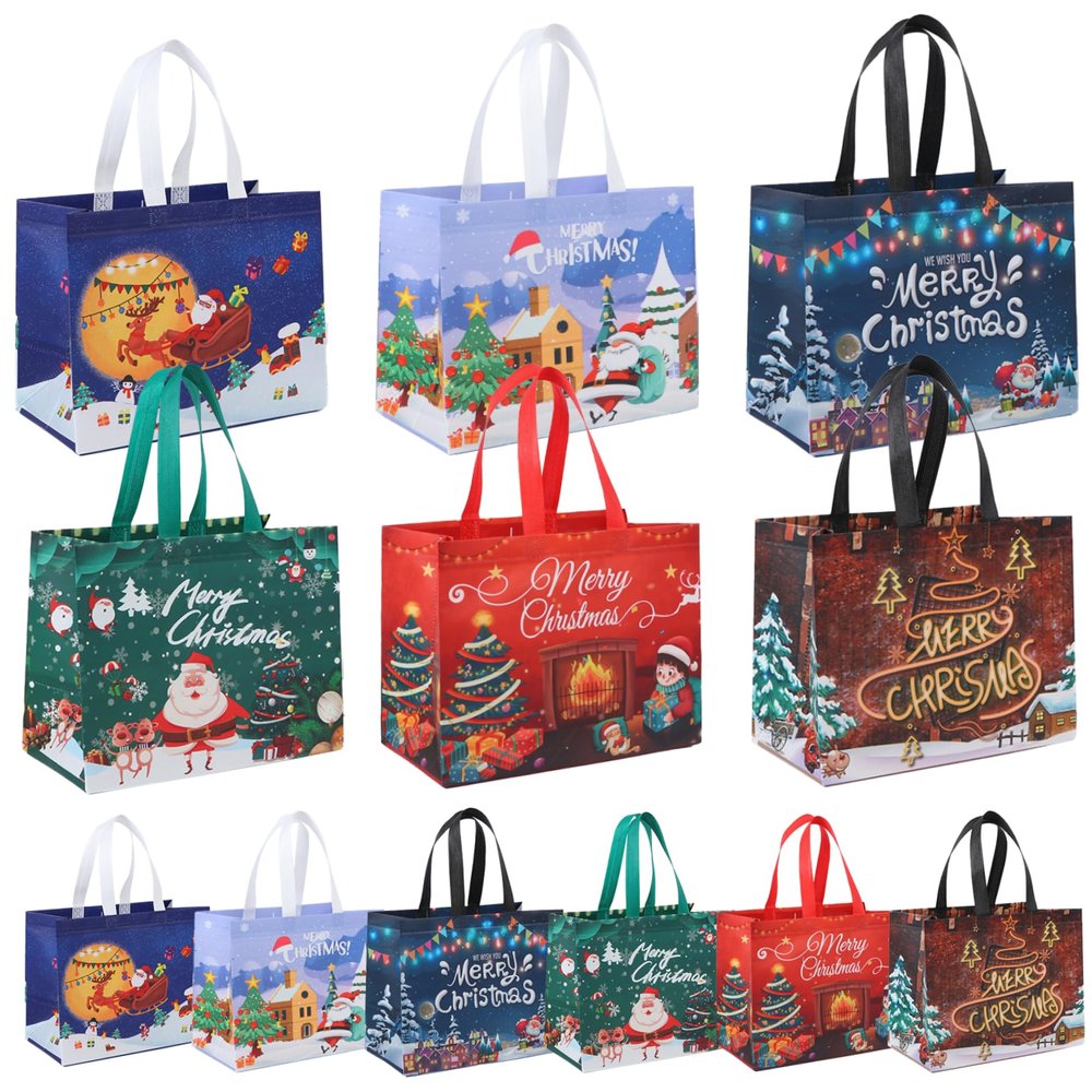 Christmas Gift Bags 12 Pcs Reusable Christmas Tote Bags with Sturdy Handles 2023 Large Nonwoven Christmas Bags for Shopping, Gift Wraping Xmas Party Supplies Christmas Bags Christmas Sacks