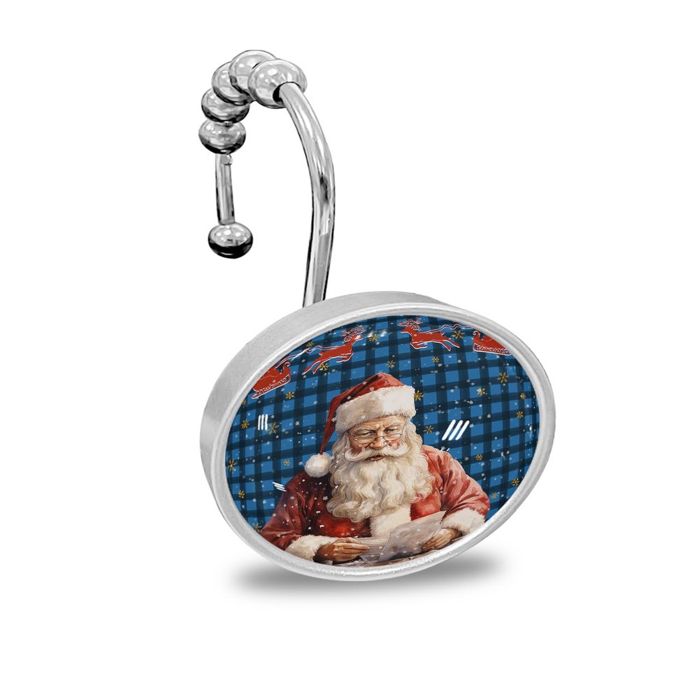 Christmas 12PCS Shower Curtain Hooks Rings, Xmas Elk Sleigh Santa Claus Buffalo Plaid Decorative Shower Curtain Hooks for Bathroom Stainless Steel Rustproof Shower Curtain Rings