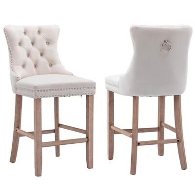 HMFULE 27" Counter Height Bar Stool Set of 2, Upholstered Barstool with Button Tufted Back Velvet Barstools with Solid Wooden Legs Kitchen Island Bar Chairs Beige