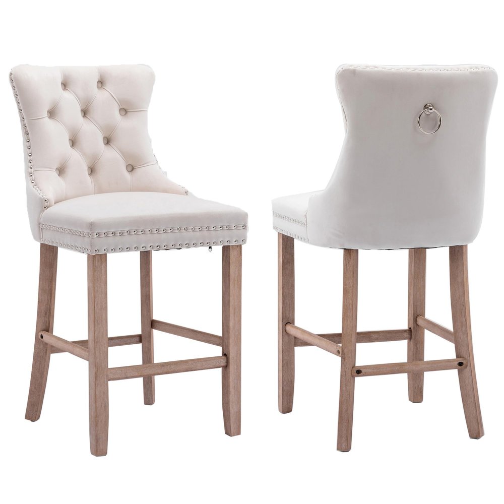 HMFULE 27" Counter Height Bar Stool Set of 2, Upholstered Barstool with Button Tufted Back Velvet Barstools with Solid Wooden Legs Kitchen Island Bar Chairs Beige