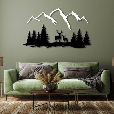 Metal Mountain Wall Art, Mountain Wall Art, Mountain Metal Wall Art, Deer, Forest Wall Decor, Large Wall Art Mountains, Mountain Decoration for Living Room, Bedroom or Study (29"x 21"| 76x54cm, White and Black)