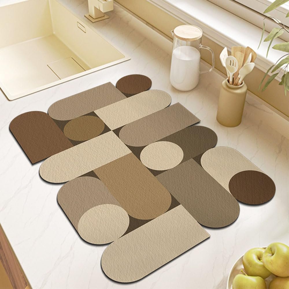 Hixingo Super Absorbent Non-Slip Diatomaceous Dish Drying Mat, Abstract Heat Resistant Coffee Mat, Hide Stain Dish Drying Mats for Kitchen Counter (Brown,11.8x15.8)
