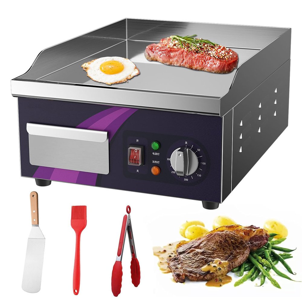 RUYICZB Commercial Electric Griddle 14", 2000W Flat Top Countertop Griddle, Non-Stick Chrome Plating Iron Cooking Plate for Restaurant and Home Use Teppanyaki Stainless Steel Grill