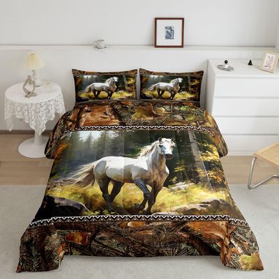 Watercolor White Horse Comforter Set - Abstract Wild Animal Oil Painting Style Bedding Set with 1 Pillowcase + 1 Comforter (Twin Size, 2 Pcs)