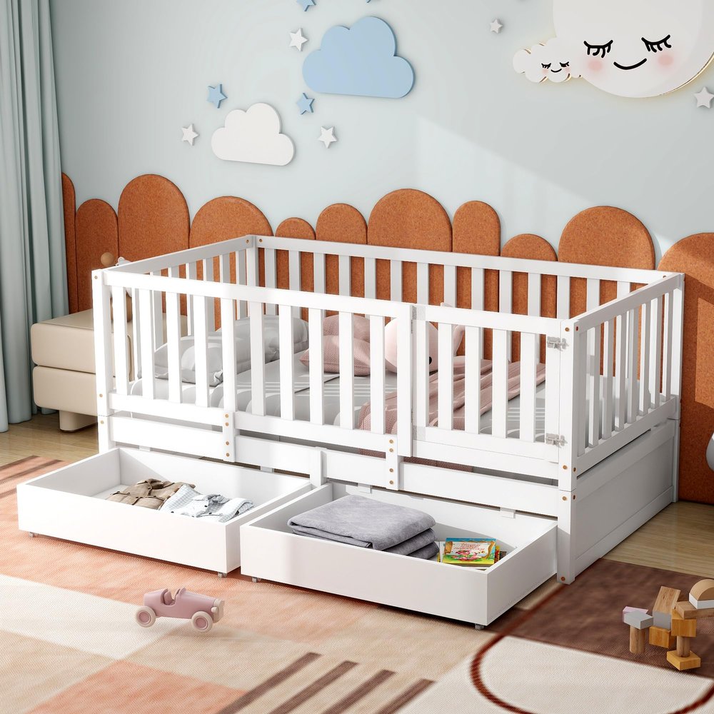 RUNNA Multifunction Twin Size Wood Daybed with Fence Guardrails and 2 Drawers, Split into Independent Floor Bed & Daybed for Kids Girls Boys (White#9)