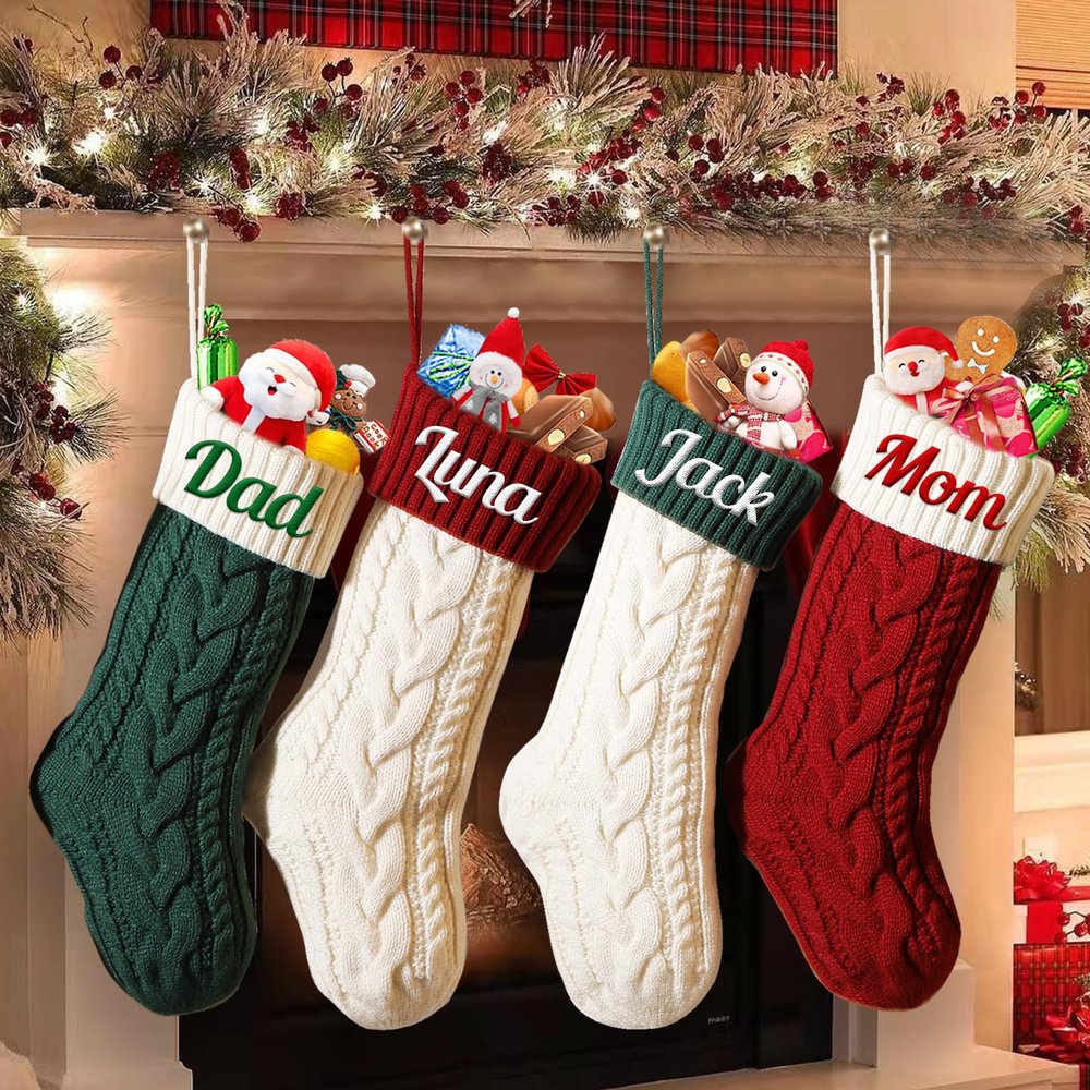 CRSTAFU 1Pc Christmas Stocking Personalized, Custom Embroidered Name Christmas Stocking for Kids, 18 Inches Large Knitted Hanging Family Xmas Stocking