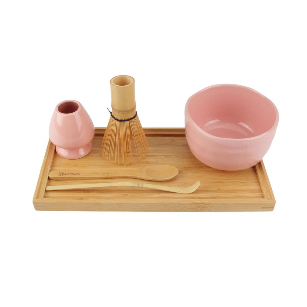 BambooMN Brand - Matcha Bowl Set (Includes Bowl, Rest,Tea Whisk, Chasaku, Tea Spoon & Tray) 1 Set Pink