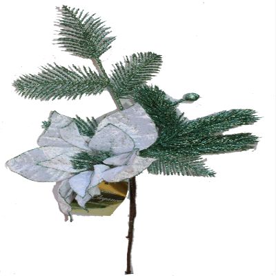 Country Silk 17" Inch Fern with 8" Velvet Glittered Poinsettia Christmas Pick, Delicate Decoration for the Holidays! (White Sage Trim)