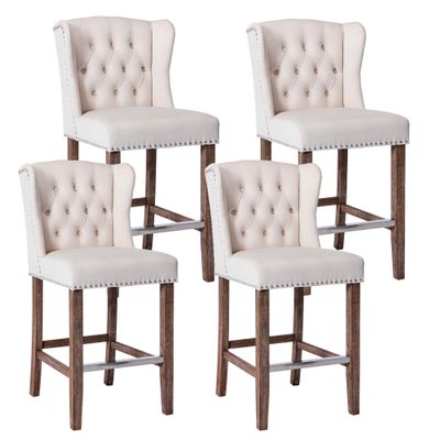 HMFULE 27" Counter Height Barstool Set of 4, Velvet Upholstered Bar Stool with Button Tufted Barstools and Wooden Legs Full Back Bar Chairs Beige