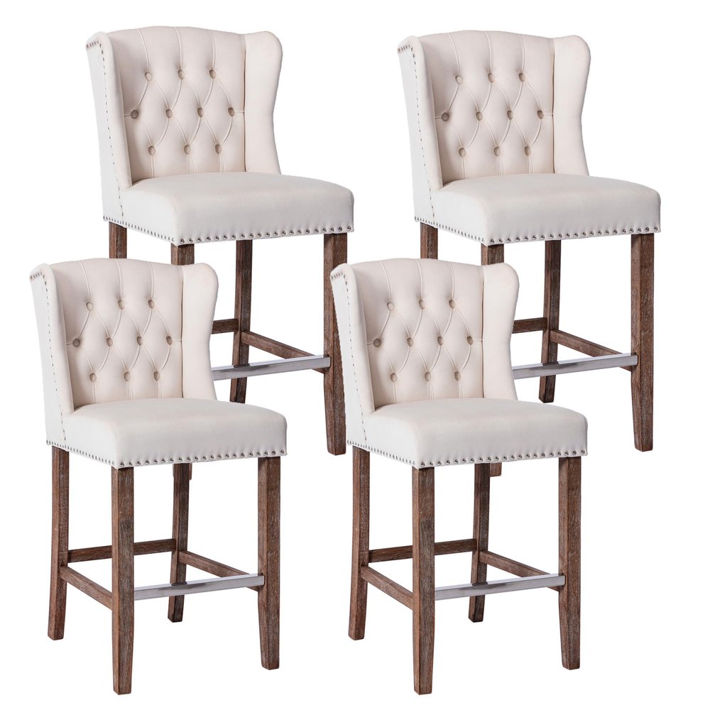 HMFULE 27" Counter Height Barstool Set of 4, Velvet Upholstered Bar Stool with Button Tufted Barstools and Wooden Legs Full Back Bar Chairs Beige