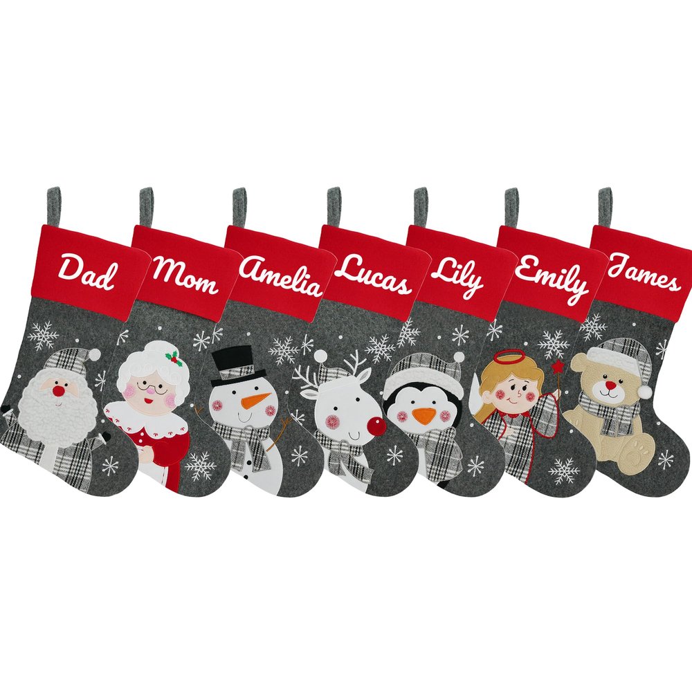 YourBestMemory Set of 7, 18" Dia Personalized Gray Christmas Stockings with Embroidery Names, with Holders,Quality Thick Fleece Material Stockings for Family Dcor(Set of 7-A)
