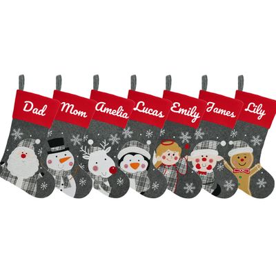 YourBestMemory Set of 7, 18" Dia Personalized Gray Christmas Stockings with Embroidery Names, with Holders,Quality Thick Fleece Material Stockings for Family Dcor(Set of 7-B)