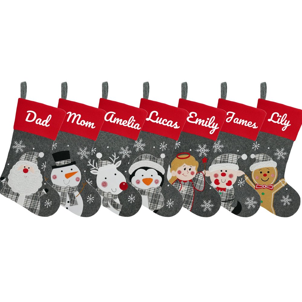 YourBestMemory Set of 7, 18" Dia Personalized Gray Christmas Stockings with Embroidery Names, with Holders,Quality Thick Fleece Material Stockings for Family Dcor(Set of 7-B)