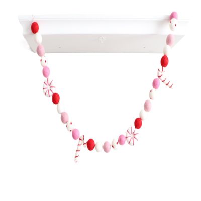 Mini Felt Factory | Christmas Felt Garland ~7 Ft 100% Wool Pom 2.5 cm Balls Candy Cane Peppermint Ornament Boho Pink Holiday Bright Decor Mantel Hanging Seasonal Banner Craft Wall Party
