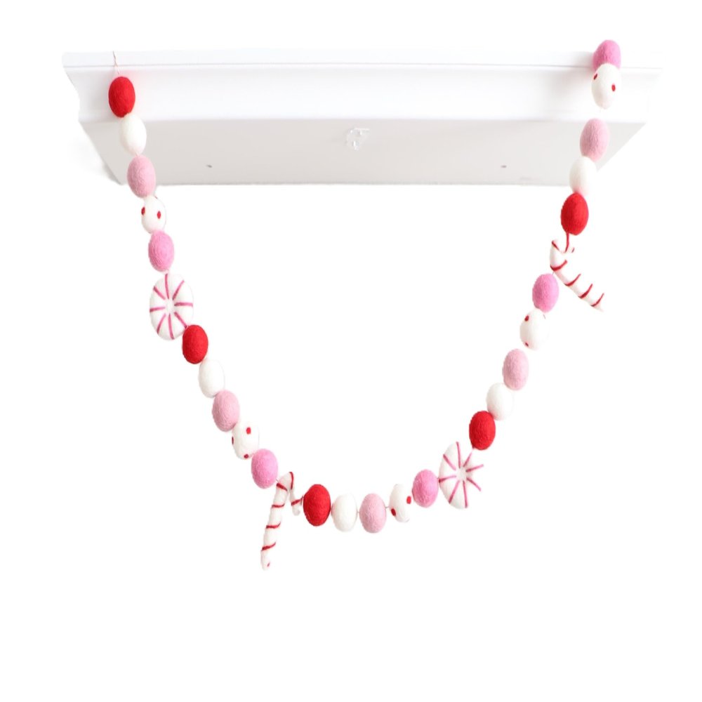 Mini Felt Factory | Christmas Felt Garland ~7 Ft 100% Wool Pom 2.5 cm Balls Candy Cane Peppermint Ornament Boho Pink Holiday Bright Decor Mantel Hanging Seasonal Banner Craft Wall Party