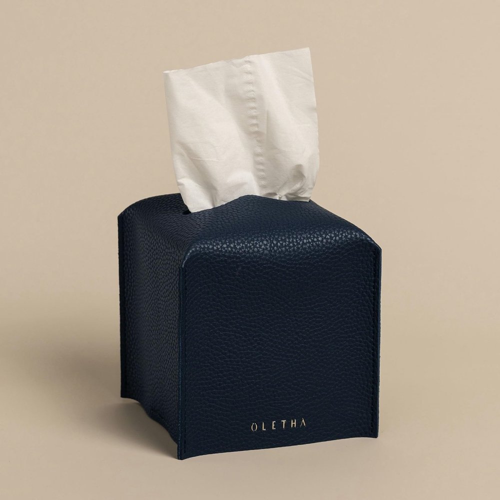 OLETHA Square Tissue Box Cover - Aesthetic Desk Decor for Room, Home & Office - Tissues Cube Boxes Holder - Navy Blue
