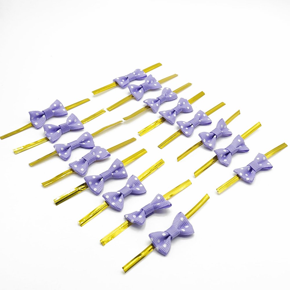 100Pcs Purple Twist Ties for Bulk Food, Mini Ribbon Bow Twist Ties for Treat Bag, Christmas Tree Bows Metallic Twist Ties for DIY Crafts, Baked Food, Lollipop, Wedding Decor and Gift Wrap