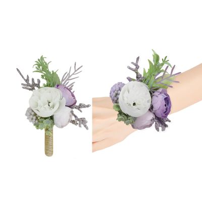 Fiwisora Wedding Bridal Wrist Corsage Ivory Peony Groom Boutonniere Light Purple Floral Set Bestman Groomsmen Bridesmaid Bride Hand Flower Parent Corsage for Indoor Outdoor Wedding Prom Quinceanera
