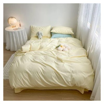 QuKan Bed, Bedding Set Washed Cotton Solid Color Simple Bed Sheet Quilt Cover Pillowcase Four-Piece Set