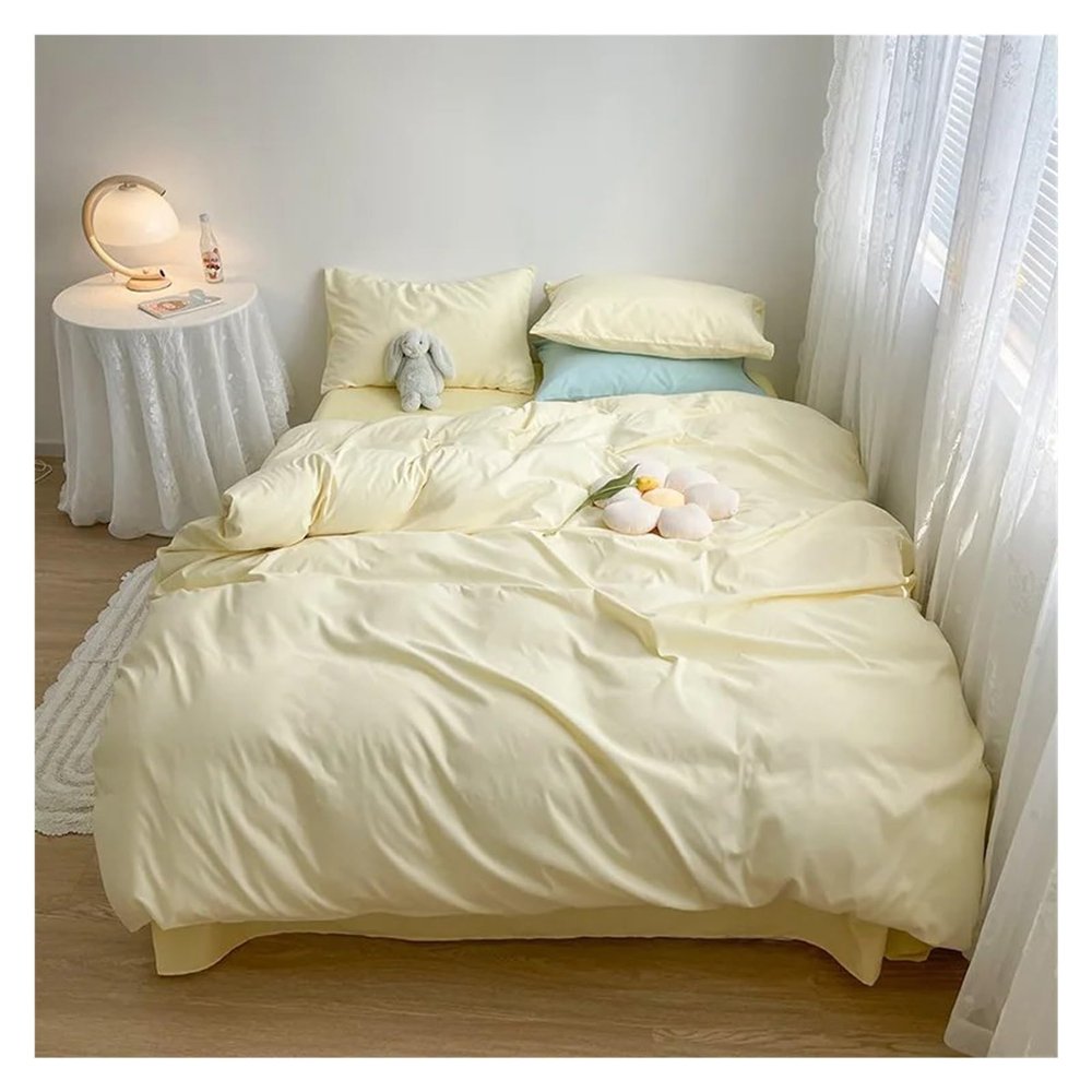 QuKan Bed, Bedding Set Washed Cotton Solid Color Simple Bed Sheet Quilt Cover Pillowcase Four-Piece Set