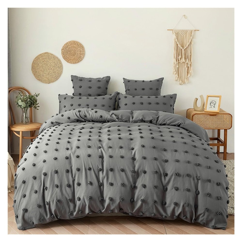 Bed, Boho Duvet Cover Queen - Boho Bedding, Tufted Queen Duvet Cover Compatible with All Seasons, 3 Pieces Embroidery Shabby Chic Home Bedding Duvet Cover