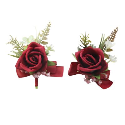 Fiwisora Wedding Corsage Set Bridal Groom Boutonniere Wrist Corsage Burgundy Rose Flower for Bridesmaid Groomsmen Bestman Parent Hand Lapel Fake Flower for Indoor Outdoor Wedding Prom Quinceanera