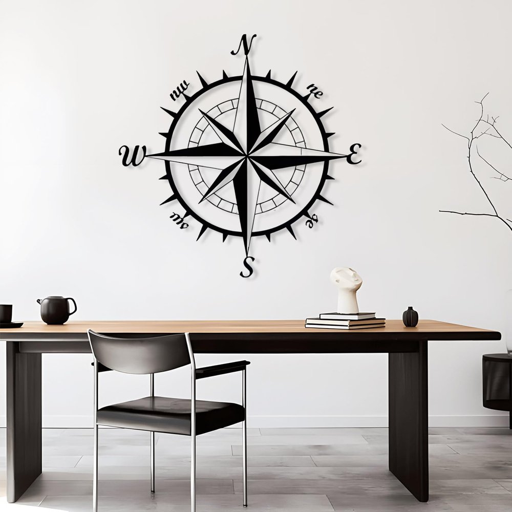 Nautical Compass Metal Wall Art, Metal Compass Wall Decor, Metal Wall Art, Nautical Wall Compass, North Arrow Metal Art, Compass Wall Sign, Home Living Room Wall Decor, Housewarming Gift (39"x39" | 100x100cm, Black)