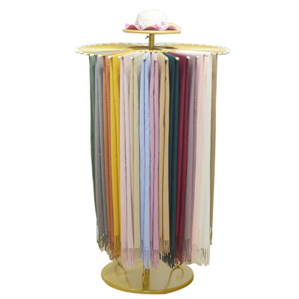 THEGA Freestanding Scarf Rack - Pivoting Round Scarf Display Stand, Floor Standing Metal Blanket Rack with 30 Rods, Height Adjustable Scarf Organizer, Scarf Hanging Rack for Clothing Store Home