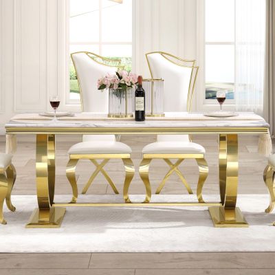Anewsun Luxury Dining Table Set for 2, White and Gold Dining Room Set with Chairs, 3 Pieces Dining Set with U-Base Dining Table and 2 White Leather Upholstered Dining Chairs