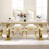 Anewsun Luxury Dining Table Set for 2, White and Gold Dining Room Set with Chairs, 3 Pieces Dining Set with U-Base Dining Table and 2 White Leather Upholstered Dining Chairs view 1